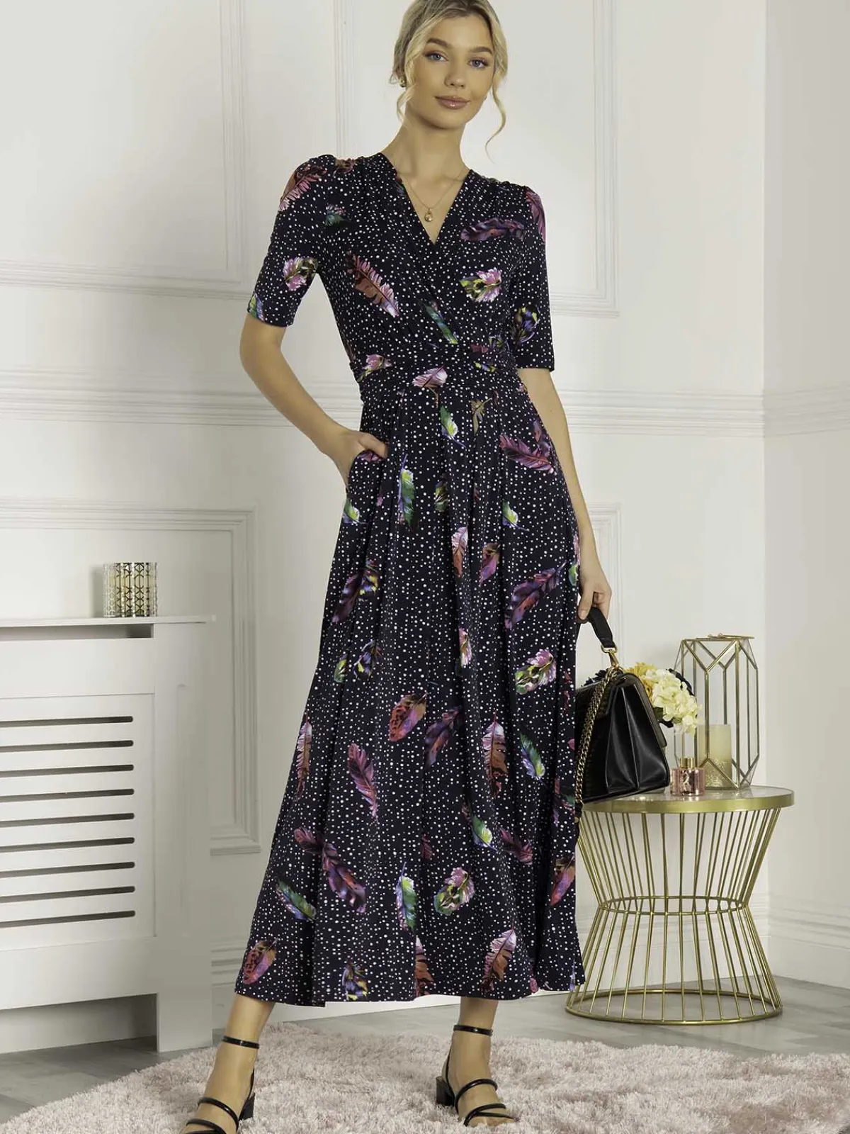 Jolie Moi Occasion Dresses|Jersey Dresses-Airis Printed Maxi Dress, Navy Multi