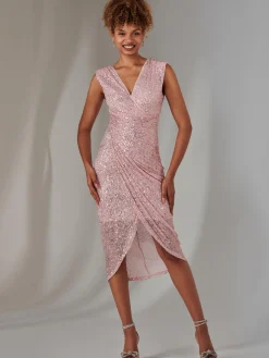Jolie Moi Occasion Dresses|Party Dresses-Aisla Ruched Sequin Bodycon Dress, Pink