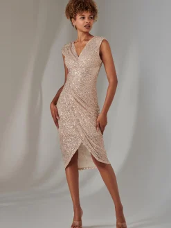 Jolie Moi Occasion Dresses|Party Dresses-Aisla Ruched Sequin Bodycon Dress, Rose Gold