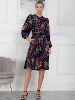 Jolie Moi Occasion Dresses|Weekend Casuals-Allyn Bow Neck Long Sleeve Dress, Navy Abstract
