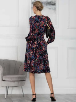 Jolie Moi Occasion Dresses|Weekend Casuals-Allyn Bow Neck Long Sleeve Dress, Navy Abstract