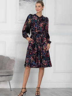Jolie Moi Occasion Dresses|Weekend Casuals-Allyn Bow Neck Long Sleeve Dress, Navy Abstract