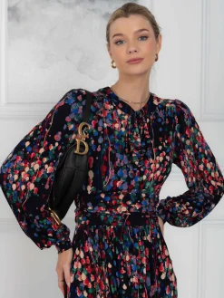 Jolie Moi Occasion Dresses|Weekend Casuals-Allyn Bow Neck Long Sleeve Dress, Navy Abstract