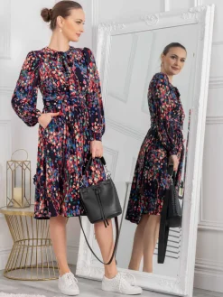 Jolie Moi Occasion Dresses|Weekend Casuals-Allyn Bow Neck Long Sleeve Dress, Navy Abstract