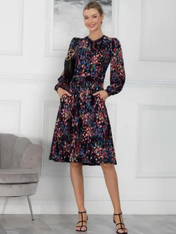 Jolie Moi Occasion Dresses|Weekend Casuals-Allyn Bow Neck Long Sleeve Dress, Navy Abstract