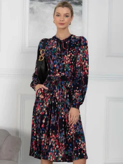 Jolie Moi Occasion Dresses|Weekend Casuals-Allyn Bow Neck Long Sleeve Dress, Navy Abstract