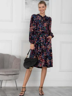 Jolie Moi Occasion Dresses|Weekend Casuals-Allyn Bow Neck Long Sleeve Dress, Navy Abstract