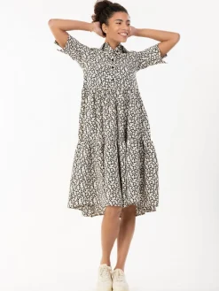 Jolie Moi Floral Dresses|Shirt Dresses-Amara Tiered Midi Shirt Dress, Beige Floral