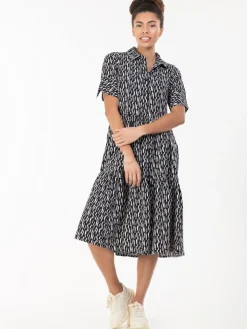 Jolie Moi Shirt Dresses|Office Dresses-Amara Tiered Midi Shirt Dress, Black Geo