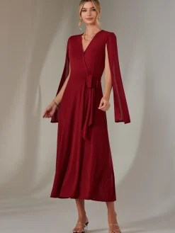 Jolie Moi Occasion Dresses|Wrap Dresses-Amira Cape Sleeve Wrapped Maxi Dress, Merlot