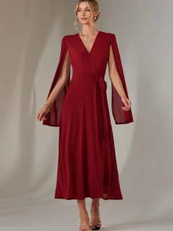 Jolie Moi Occasion Dresses|Wrap Dresses-Amira Cape Sleeve Wrapped Maxi Dress, Merlot