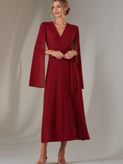 Jolie Moi Occasion Dresses|Wrap Dresses-Amira Cape Sleeve Wrapped Maxi Dress, Merlot