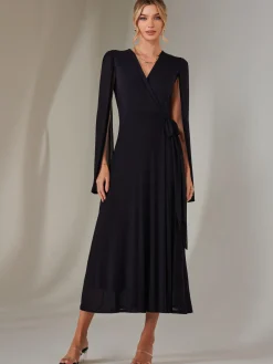 Jolie Moi Occasion Dresses|Wrap Dresses-Amira Cape Sleeve Wrapped Maxi Dress, Navy