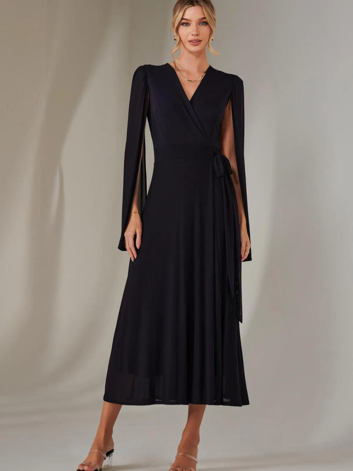 Jolie Moi Occasion Dresses|Wrap Dresses-Amira Cape Sleeve Wrapped Maxi Dress, Navy