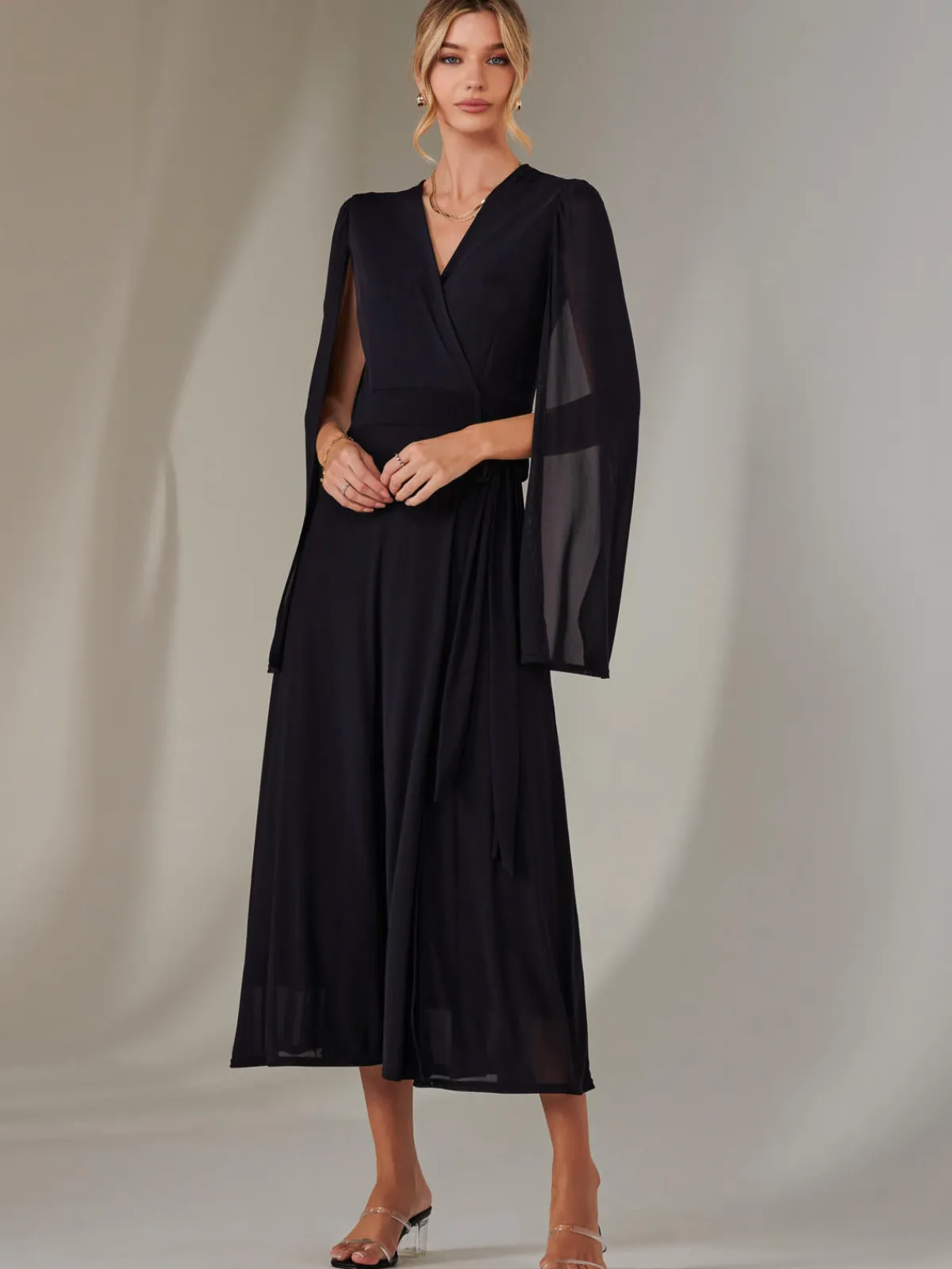 Jolie Moi Occasion Dresses|Wrap Dresses-Amira Cape Sleeve Wrapped Maxi Dress, Navy