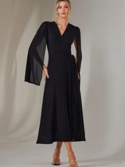 Jolie Moi Occasion Dresses|Wrap Dresses-Amira Cape Sleeve Wrapped Maxi Dress, Navy