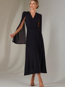 Jolie Moi Occasion Dresses|Wrap Dresses-Amira Cape Sleeve Wrapped Maxi Dress, Navy