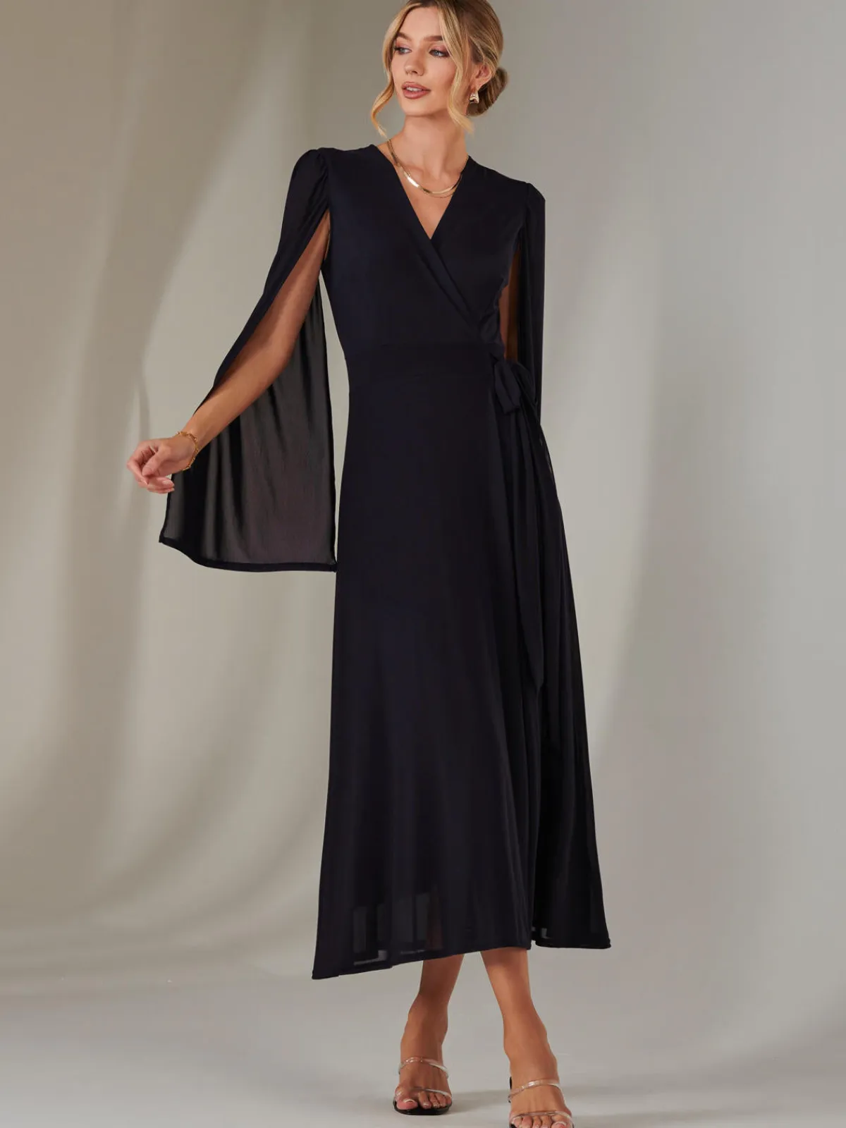 Jolie Moi Occasion Dresses|Wrap Dresses-Amira Cape Sleeve Wrapped Maxi Dress, Navy