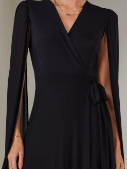 Jolie Moi Occasion Dresses|Wrap Dresses-Amira Cape Sleeve Wrapped Maxi Dress, Navy