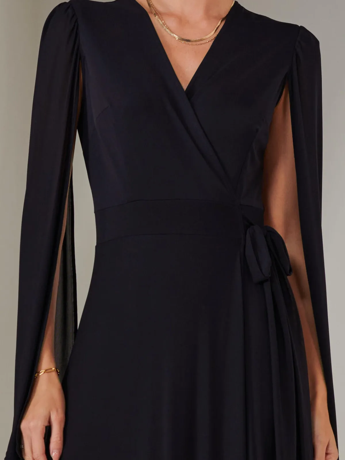 Jolie Moi Occasion Dresses|Wrap Dresses-Amira Cape Sleeve Wrapped Maxi Dress, Navy