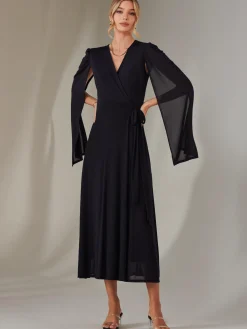 Jolie Moi Occasion Dresses|Wrap Dresses-Amira Cape Sleeve Wrapped Maxi Dress, Navy