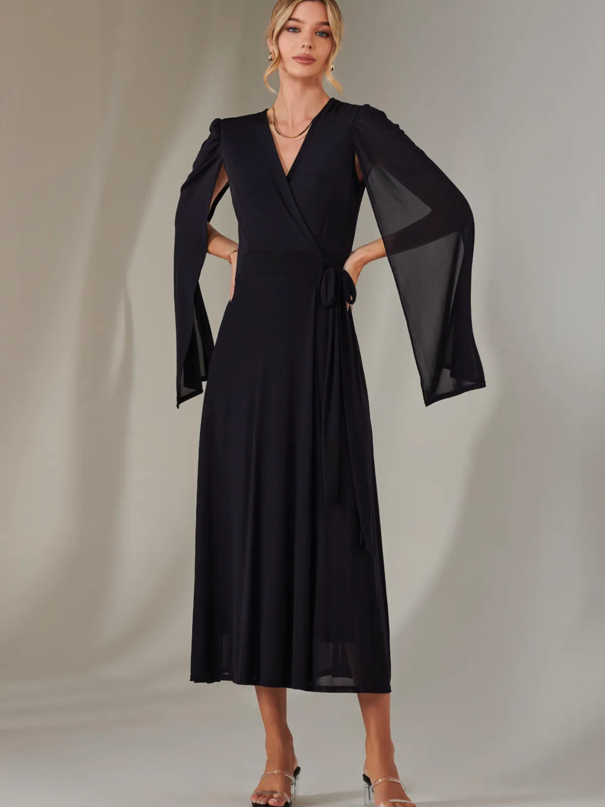 Jolie Moi Occasion Dresses|Wrap Dresses-Amira Cape Sleeve Wrapped Maxi Dress, Navy
