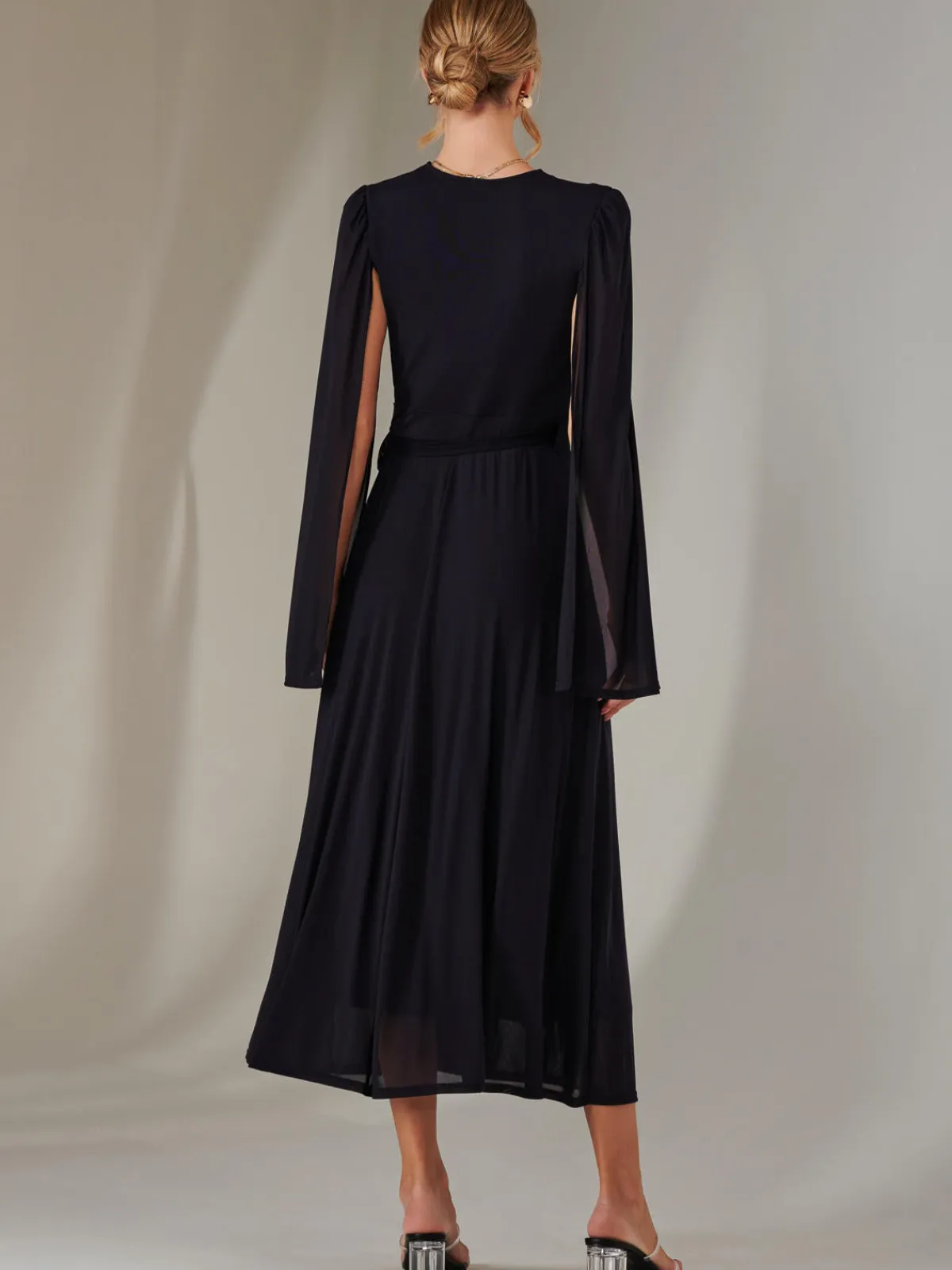 Jolie Moi Occasion Dresses|Wrap Dresses-Amira Cape Sleeve Wrapped Maxi Dress, Navy