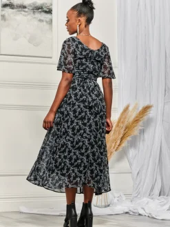 Jolie Moi Occasion Dresses|Weekend Casuals-Angel Sleeve Chiffon Maxi Dress, Black Ditsy