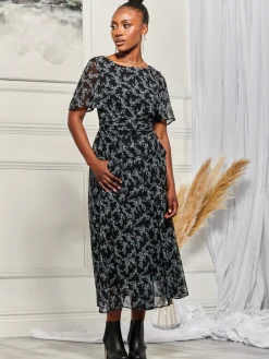 Jolie Moi Occasion Dresses|Weekend Casuals-Angel Sleeve Chiffon Maxi Dress, Black Ditsy