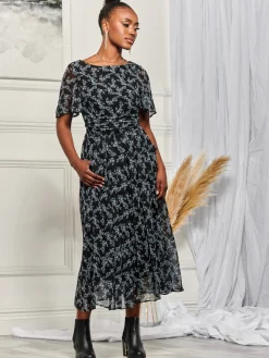 Jolie Moi Occasion Dresses|Weekend Casuals-Angel Sleeve Chiffon Maxi Dress, Black Ditsy