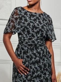 Jolie Moi Occasion Dresses|Weekend Casuals-Angel Sleeve Chiffon Maxi Dress, Black Ditsy