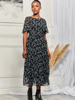 Jolie Moi Occasion Dresses|Weekend Casuals-Angel Sleeve Chiffon Maxi Dress, Black Ditsy