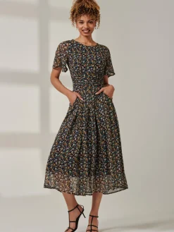 Jolie Moi Occasion Dresses|Floral Dresses-Angel Sleeve Chiffon Maxi Dress, Navy Floral