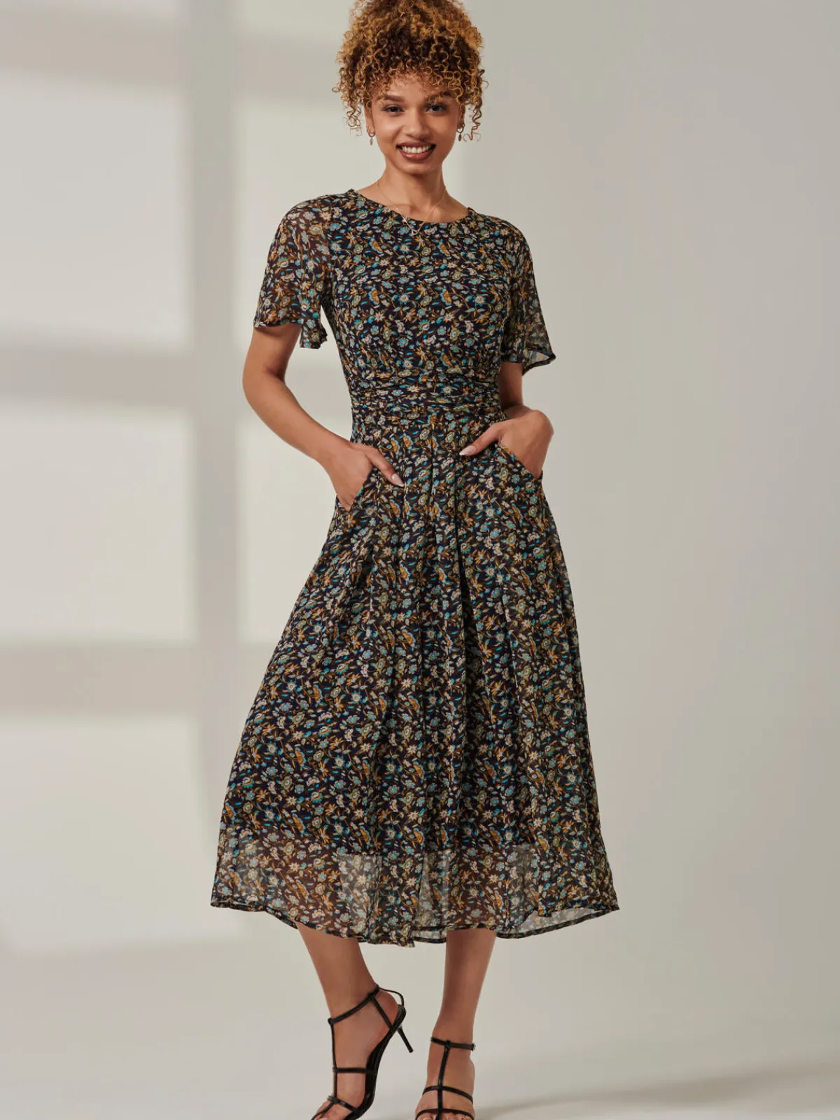 Jolie Moi Occasion Dresses|Floral Dresses-Angel Sleeve Chiffon Maxi Dress, Navy Floral