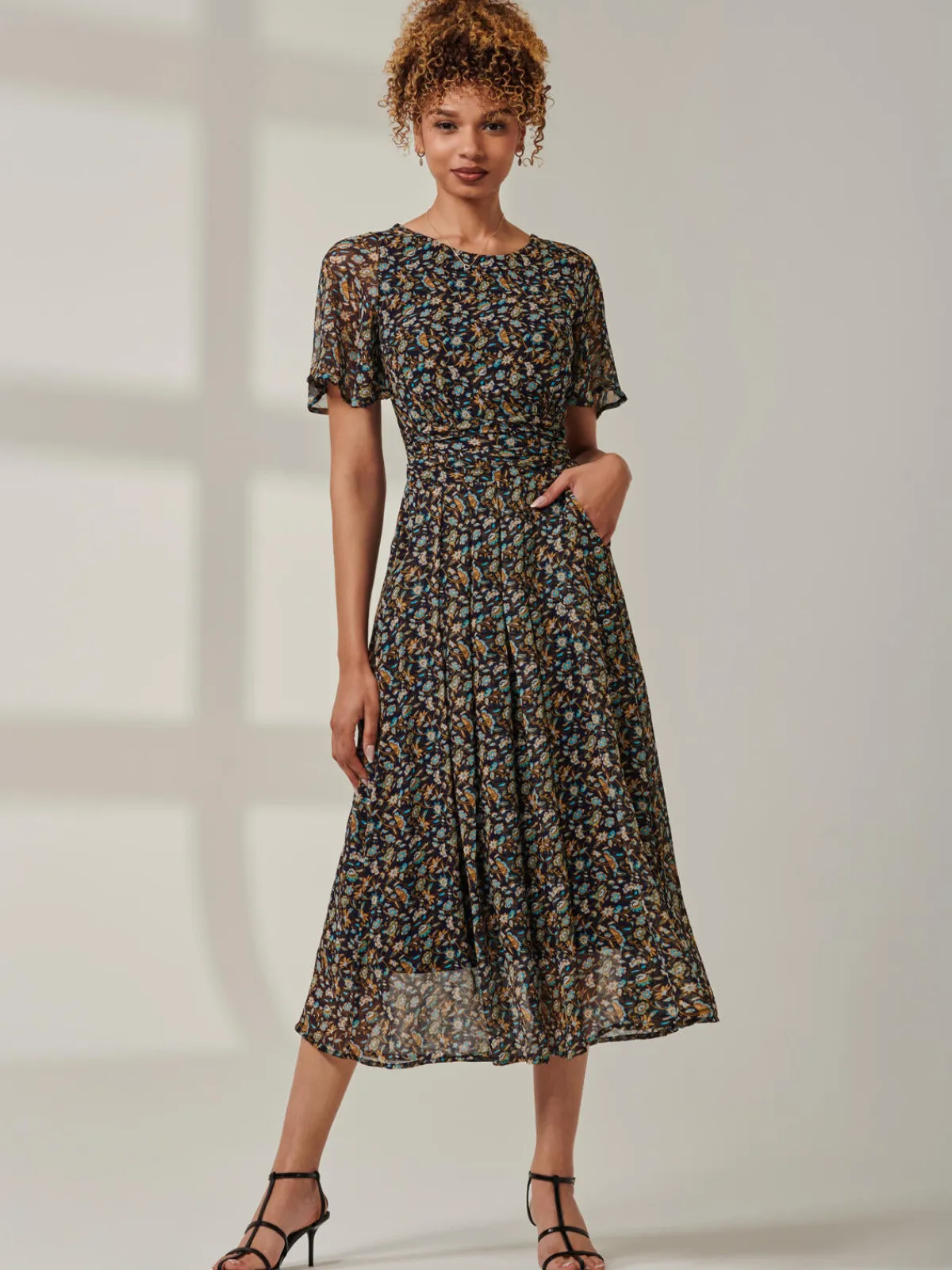 Jolie Moi Occasion Dresses|Floral Dresses-Angel Sleeve Chiffon Maxi Dress, Navy Floral