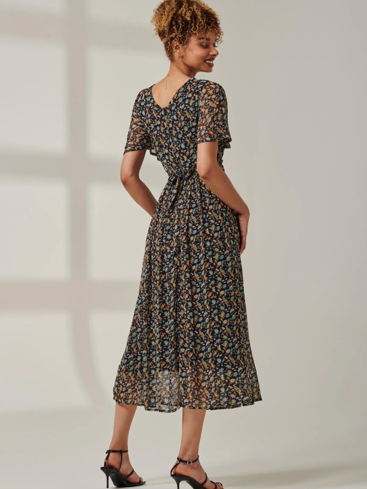 Jolie Moi Occasion Dresses|Floral Dresses-Angel Sleeve Chiffon Maxi Dress, Navy Floral