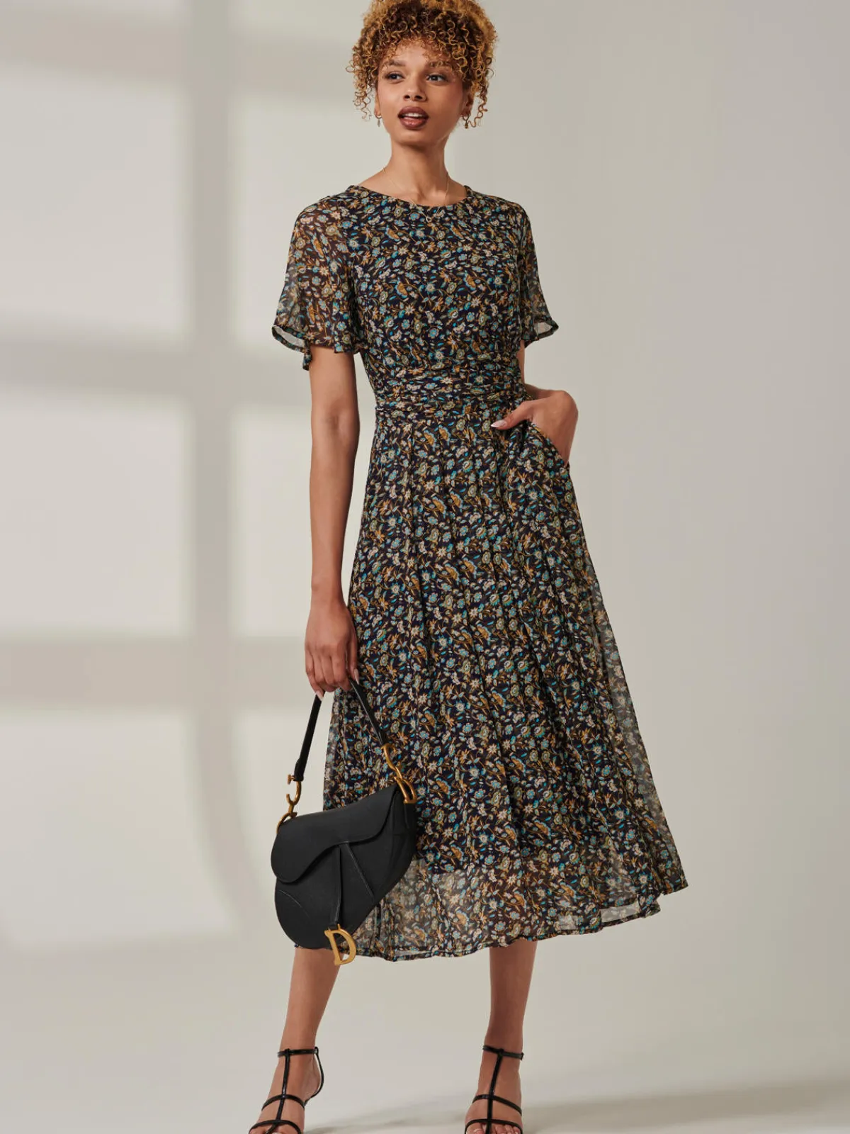 Jolie Moi Occasion Dresses|Floral Dresses-Angel Sleeve Chiffon Maxi Dress, Navy Floral