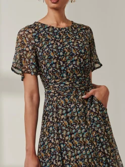 Jolie Moi Occasion Dresses|Floral Dresses-Angel Sleeve Chiffon Maxi Dress, Navy Floral
