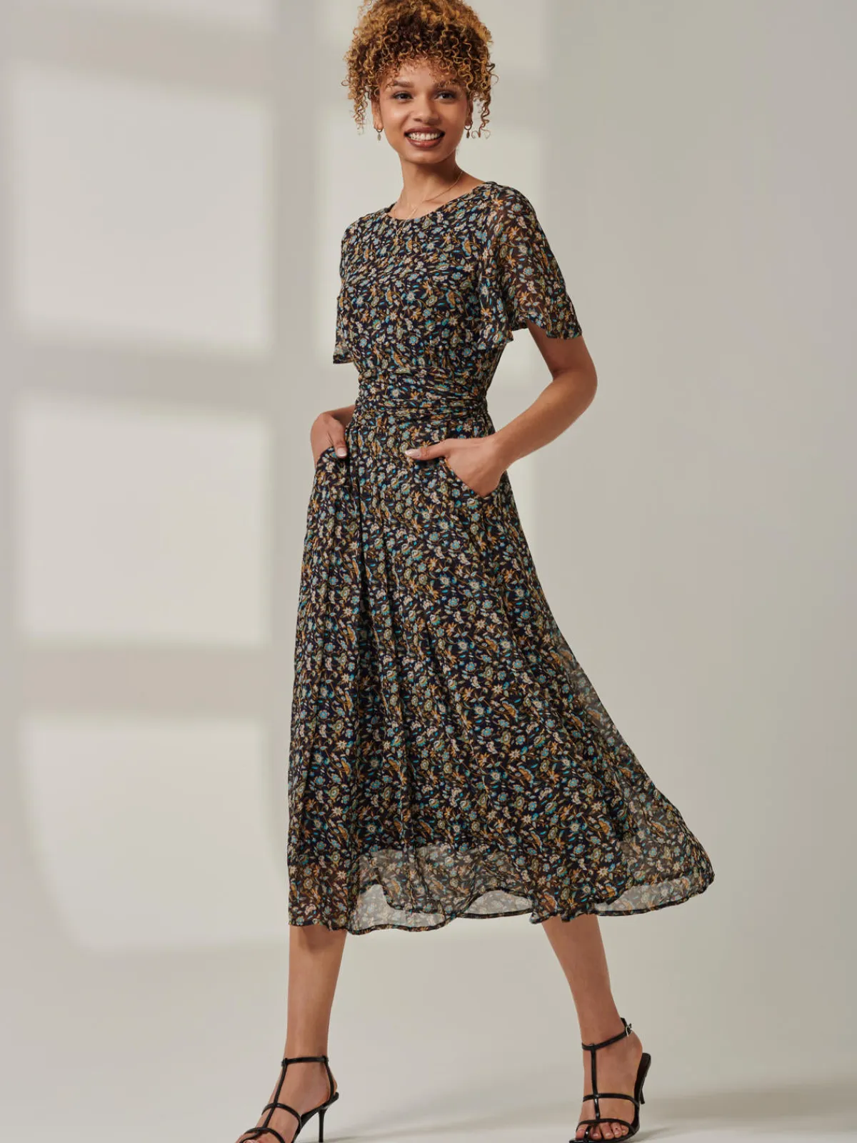 Jolie Moi Occasion Dresses|Floral Dresses-Angel Sleeve Chiffon Maxi Dress, Navy Floral
