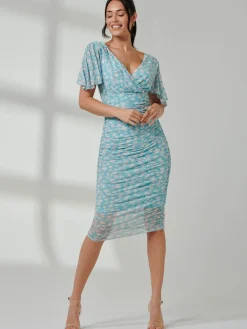 Jolie Moi Occasion Dresses|Floral Dresses-Angel Sleeved Floral Mesh Bodycon Dress, Green Floral