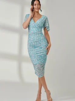 Jolie Moi Occasion Dresses|Floral Dresses-Angel Sleeved Floral Mesh Bodycon Dress, Green Floral
