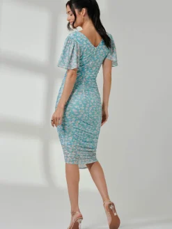 Jolie Moi Occasion Dresses|Floral Dresses-Angel Sleeved Floral Mesh Bodycon Dress, Green Floral