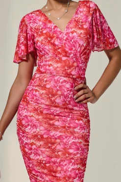 Jolie Moi Occasion Dresses|Mesh Dresses-Angel Sleeved Floral Mesh Bodycon Dress, Pink Abstract