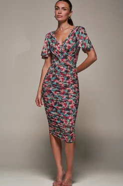 Jolie Moi Occasion Dresses|Party Dresses-Angel Sleeved Floral Mesh Bodycon Dress, Teal Multi