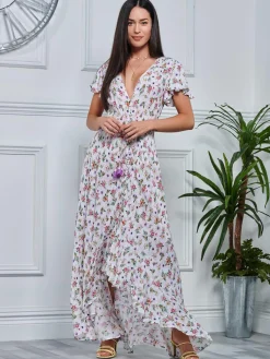 Jolie Moi Occasion Dresses|Weekend Casuals-Ange eeved High ow Hoiday axi Dre, Pink Floral