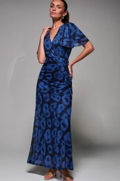 Jolie Moi Occasion Dresses|Mesh Dresses-Angel Sleeve Draped Mesh Maxi Dress, Blue Abstract
