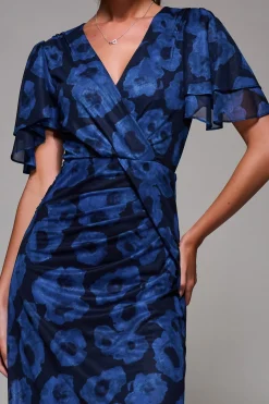 Jolie Moi Occasion Dresses|Mesh Dresses-Angel Sleeve Draped Mesh Maxi Dress, Blue Abstract