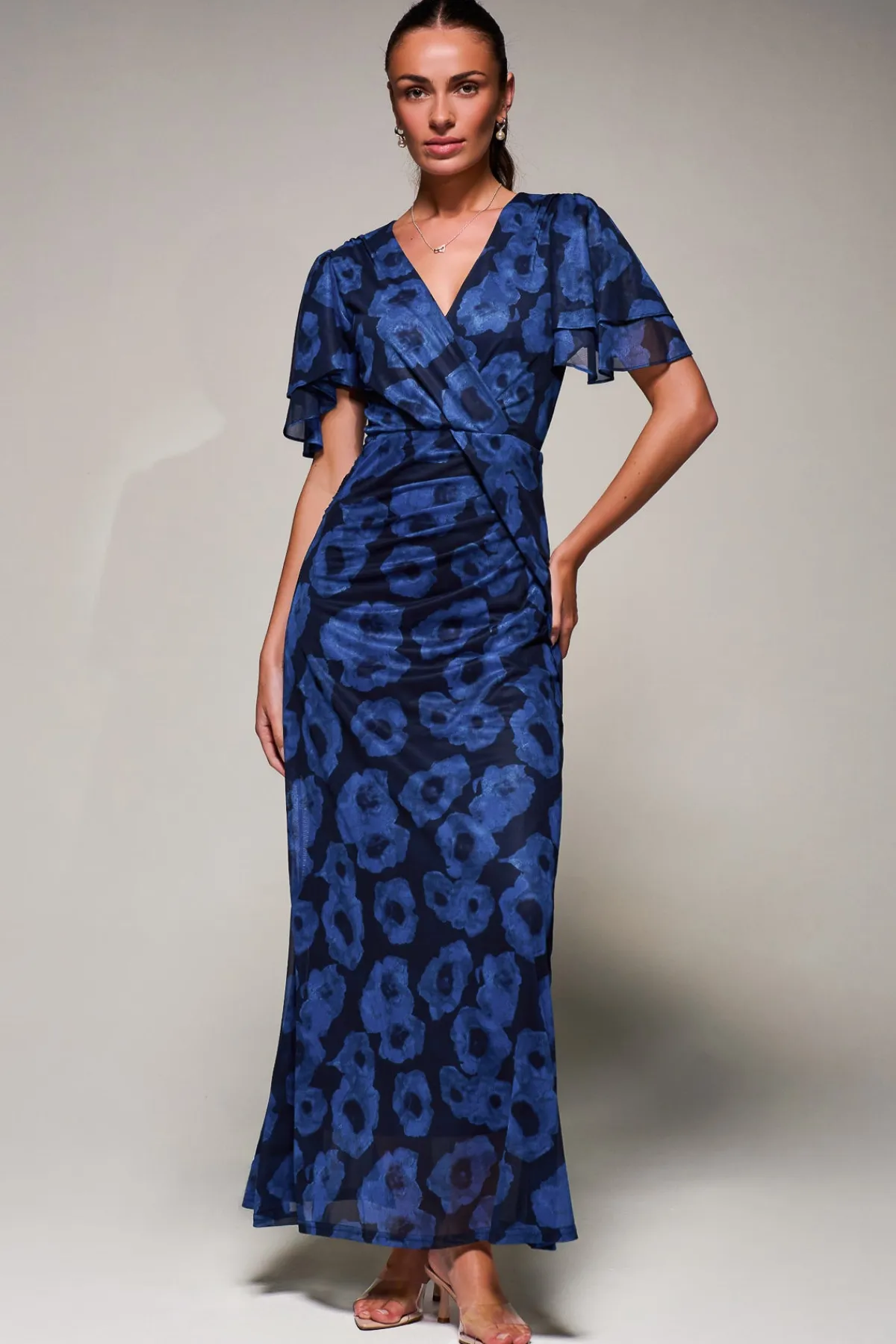 Jolie Moi Occasion Dresses|Mesh Dresses-Angel Sleeve Draped Mesh Maxi Dress, Blue Abstract