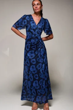 Jolie Moi Occasion Dresses|Mesh Dresses-Angel Sleeve Draped Mesh Maxi Dress, Blue Abstract