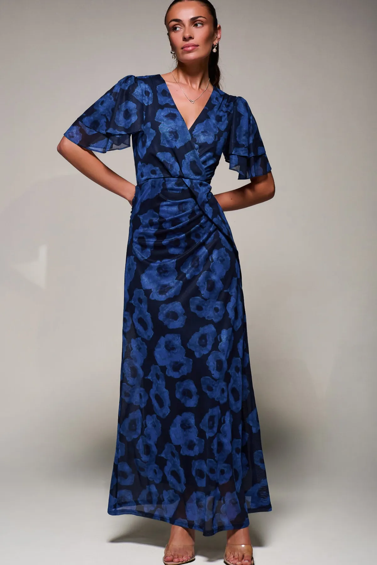 Jolie Moi Occasion Dresses|Mesh Dresses-Angel Sleeve Draped Mesh Maxi Dress, Blue Abstract